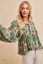 BiBi Printed Woven Front Tied Blouse with Baloon Sleeve
