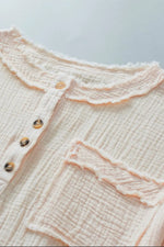 Textured Frayed Trim Half Button Short Sleeve Top
