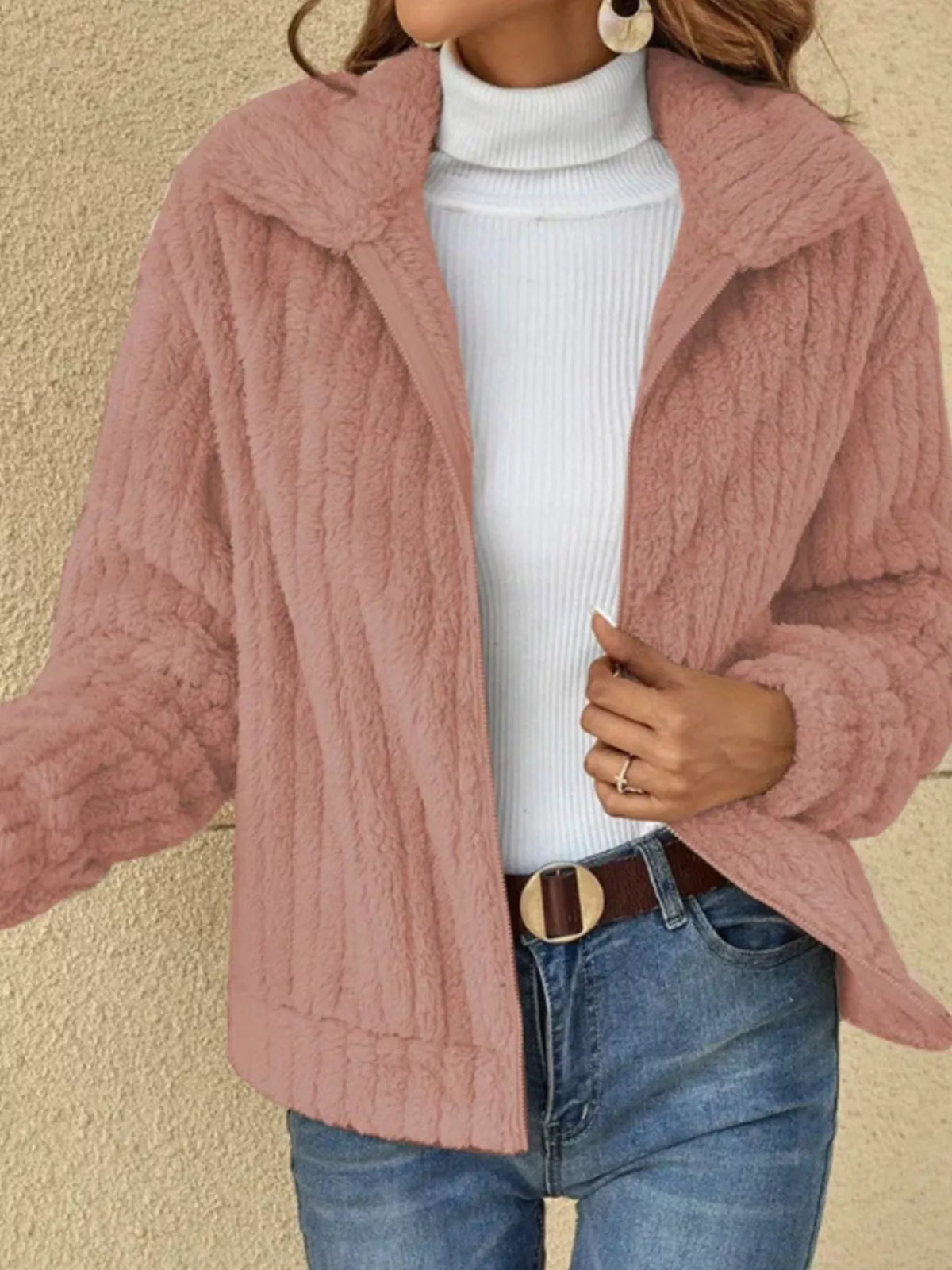 Full Size Zip-Up Long Sleeve Texture Jacket Plus Size