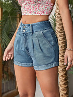 Pleated Detail High Rise Denim Shorts - Ladyez