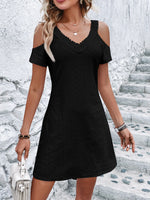 Cold Shoulder Short Sleeve Eyelet Mini Dress - Ladyez