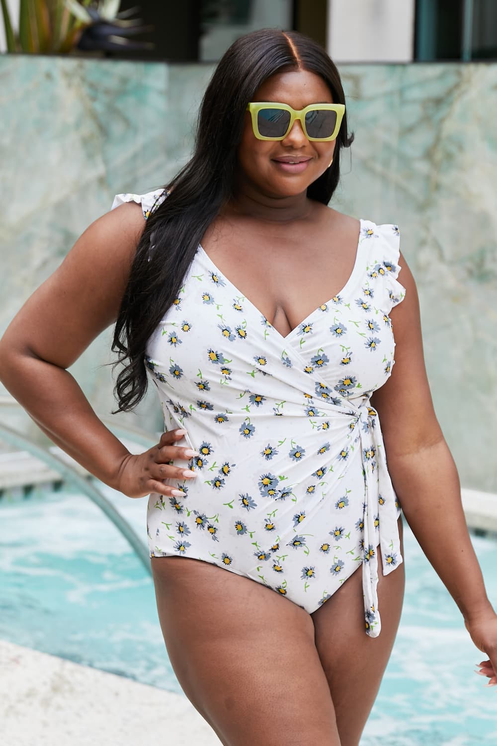 Marina West Swim Float On Ruffle Faux Wrap One-Piece in Daisy Cream - Ladyez