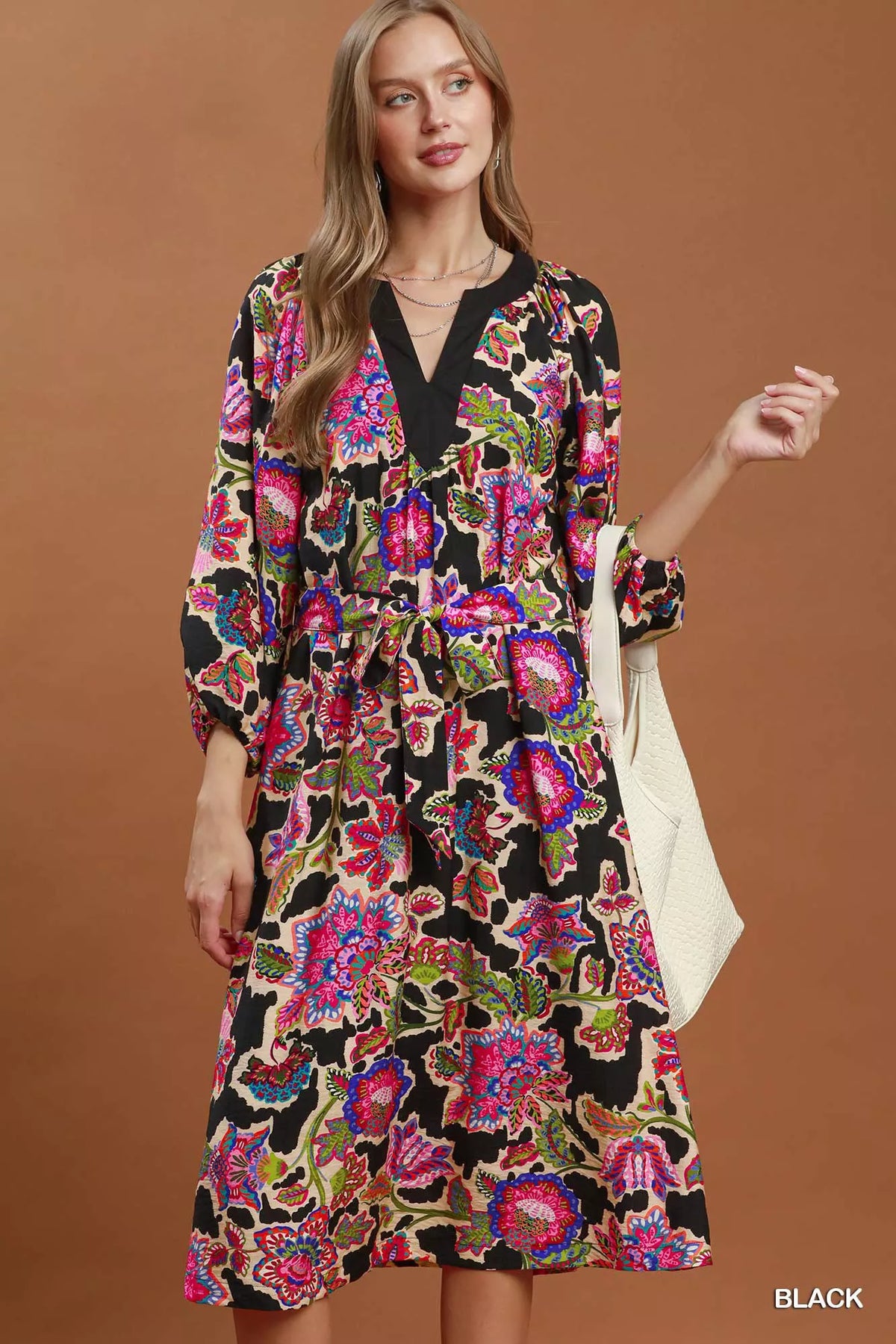 Umgee Abstract Print Embroidered Belted Midi Dress