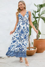 Printed V-Neck Wide Strap Dress - Ladyez