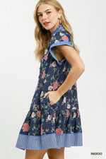Umgee Floral Contrast Trim Ruffle Hem Mini Dress