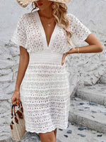 Openwork Plunge Short Sleeve Cover-Up Dress - Ladyez