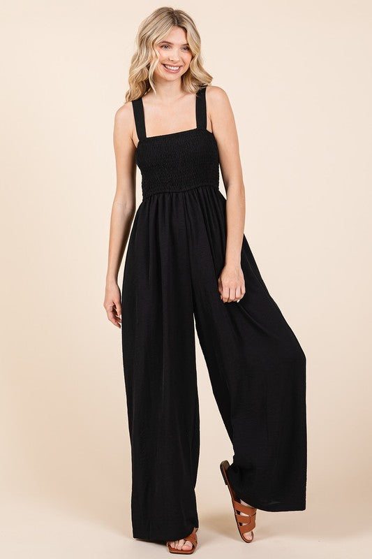 Mittoshop Smocked Wide Strap Wide Leg Overalls - Ladyez