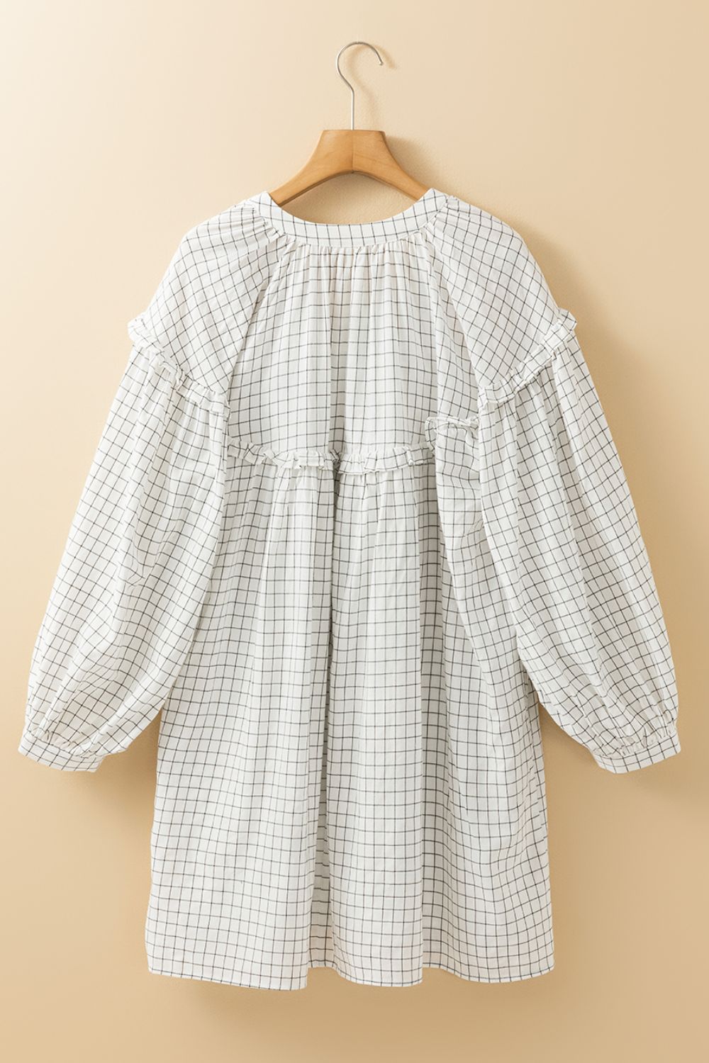 Frill Plaid Notched Balloon Sleeve Mini Dress - Ladyez