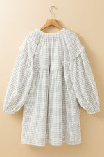 Frill Plaid Notched Balloon Sleeve Mini Dress - Ladyez