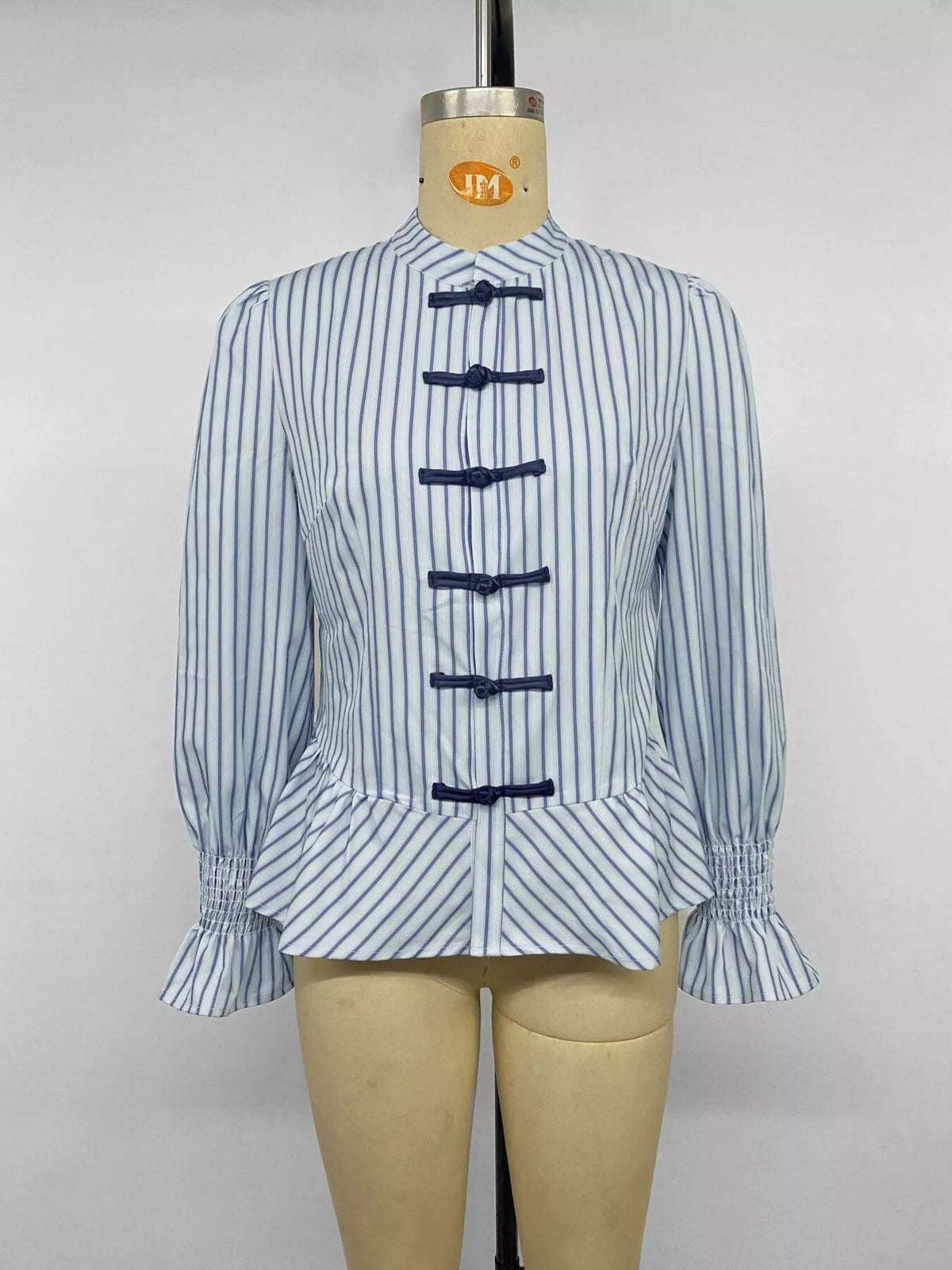 Striped Mandarin Knot Buttons Peplum Hem Shirt