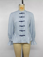 Striped Mandarin Knot Buttons Peplum Hem Shirt
