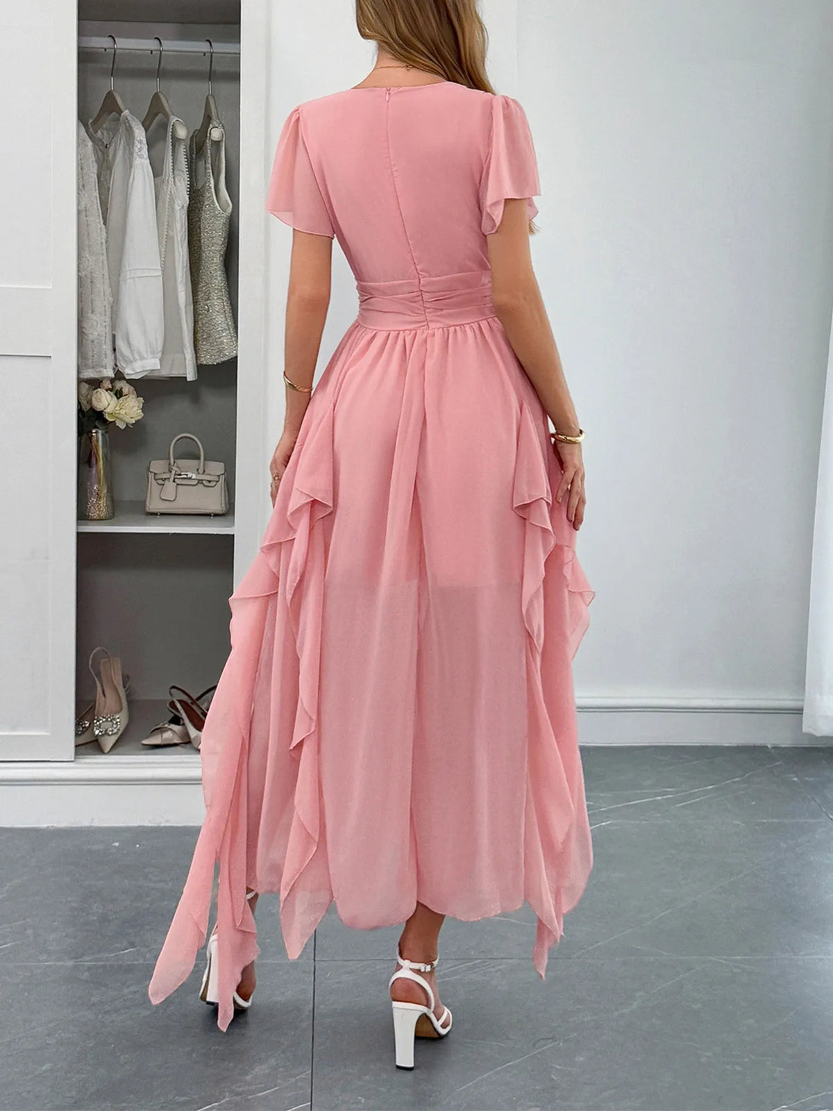V-Neck Flutter Sleeve Dress - Ladyez