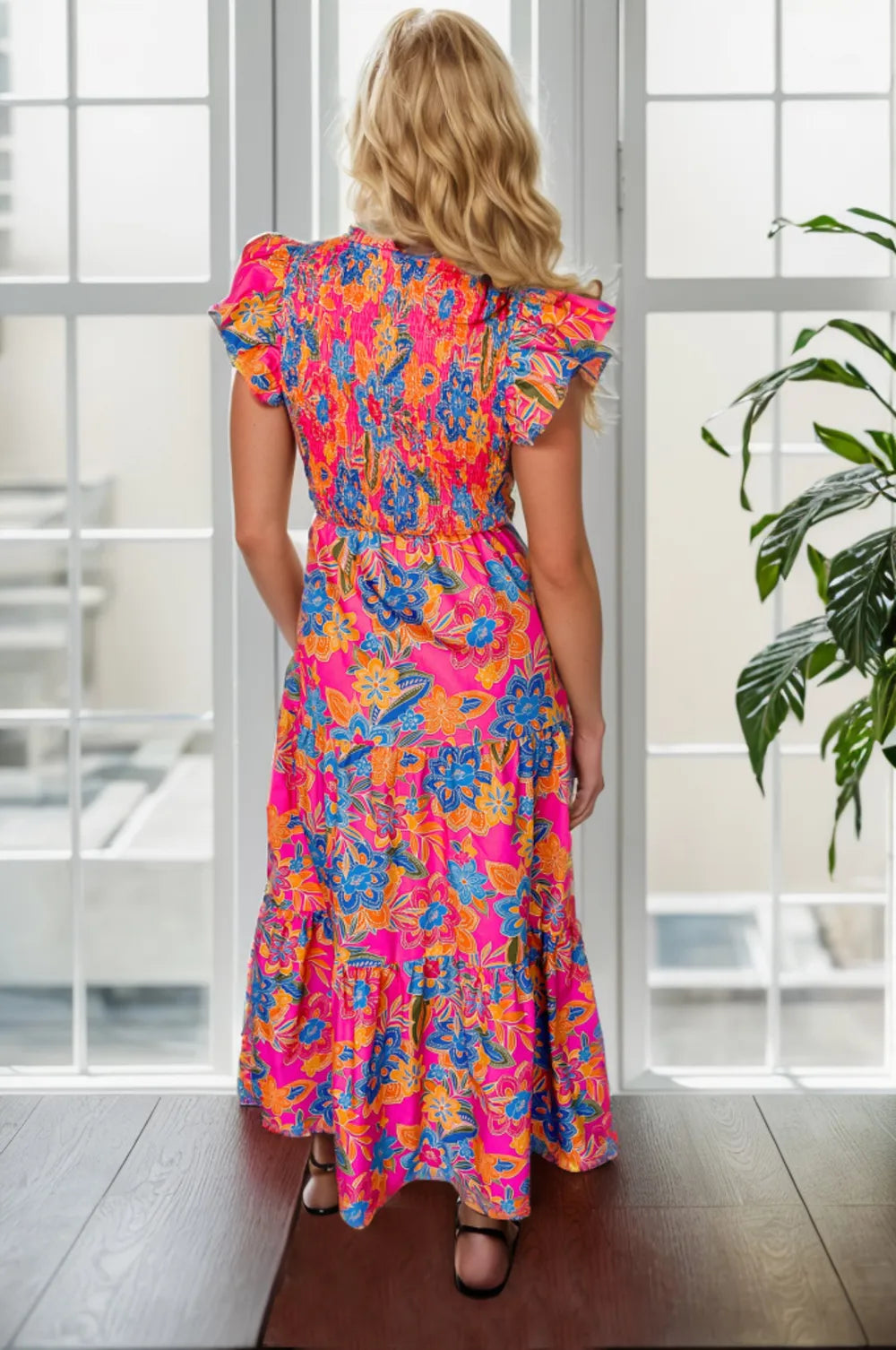 Printed V-Neck Cap Sleeve Pocketed Midi Dress - Ladyez