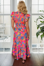 Printed V-Neck Cap Sleeve Pocketed Midi Dress - Ladyez