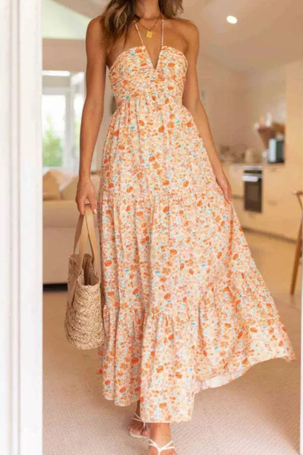 Floral Halter Neck Tiered Maxi Dress - Ladyez