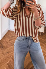Striped Notched Half Sleeve Casual Blouse