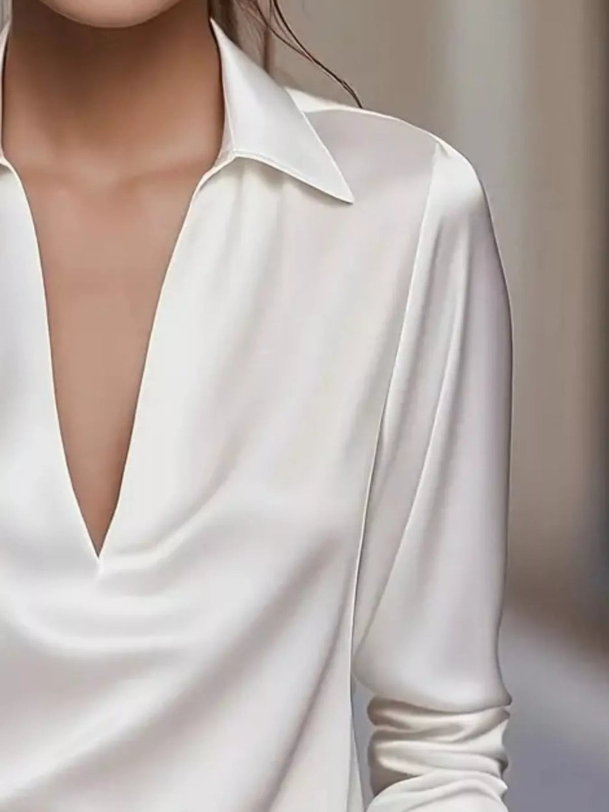 Satin Johnny Collar Long Sleeve Blouse