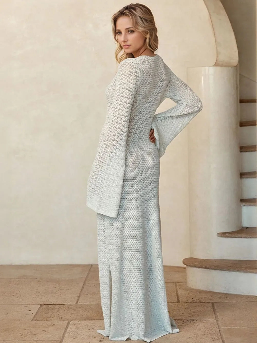 Slit Plunge Flare Sleeve Cover-Up Dress - Ladyez