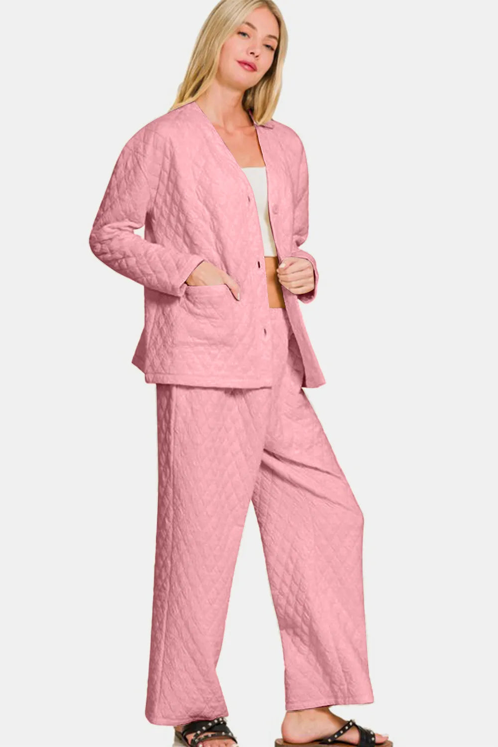 Zenana Quilted Button Up Long Sleeve Top and Pants Lounge Set - Ladyez