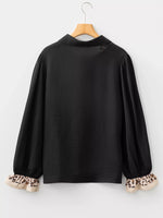 Contrast Leopard Print Patchwork Polo Collar Buttons Front Long Sleeve Blouse
