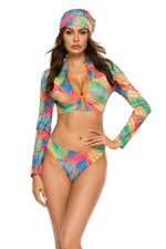 Printed Zip Up Three-Piece Swim Set - Ladyez
