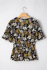 Floral Print V Neck Smocked Babydoll Blouse