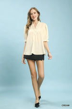 Umgee Textured Check Ruffle V-Neck Blouse