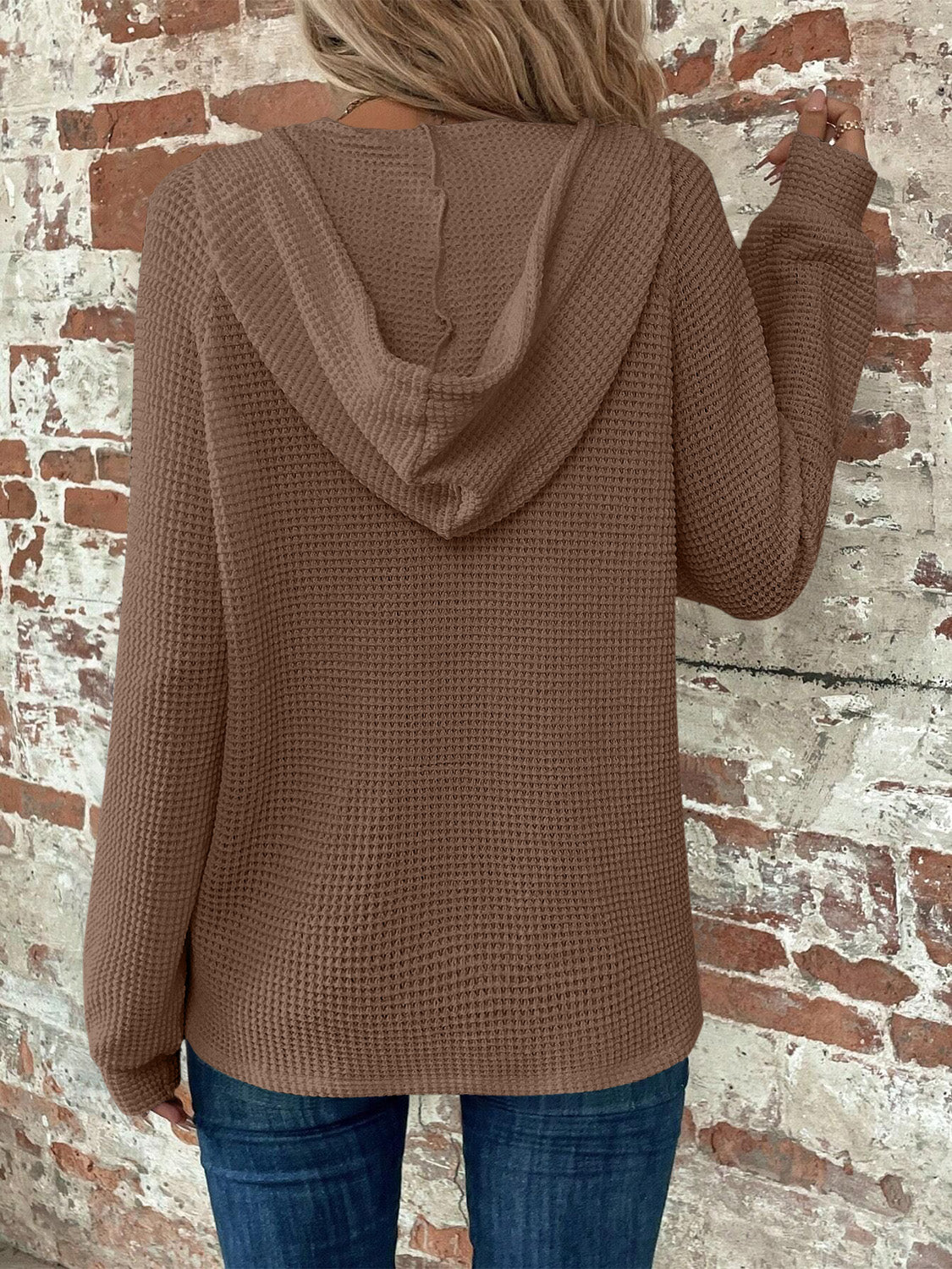 Waffle Knit Long Sleeve Drawstring Hooded Top - Ladyez