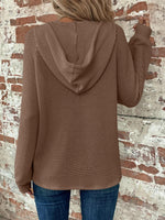 Waffle Knit Long Sleeve Drawstring Hooded Top - Ladyez