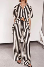 Striped Collared Neck Half Sleeve Top and Pants Set
