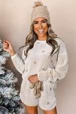 Round Neck Dropped Shoulder Star Print Top and Shorts Lounge Set - Ladyez