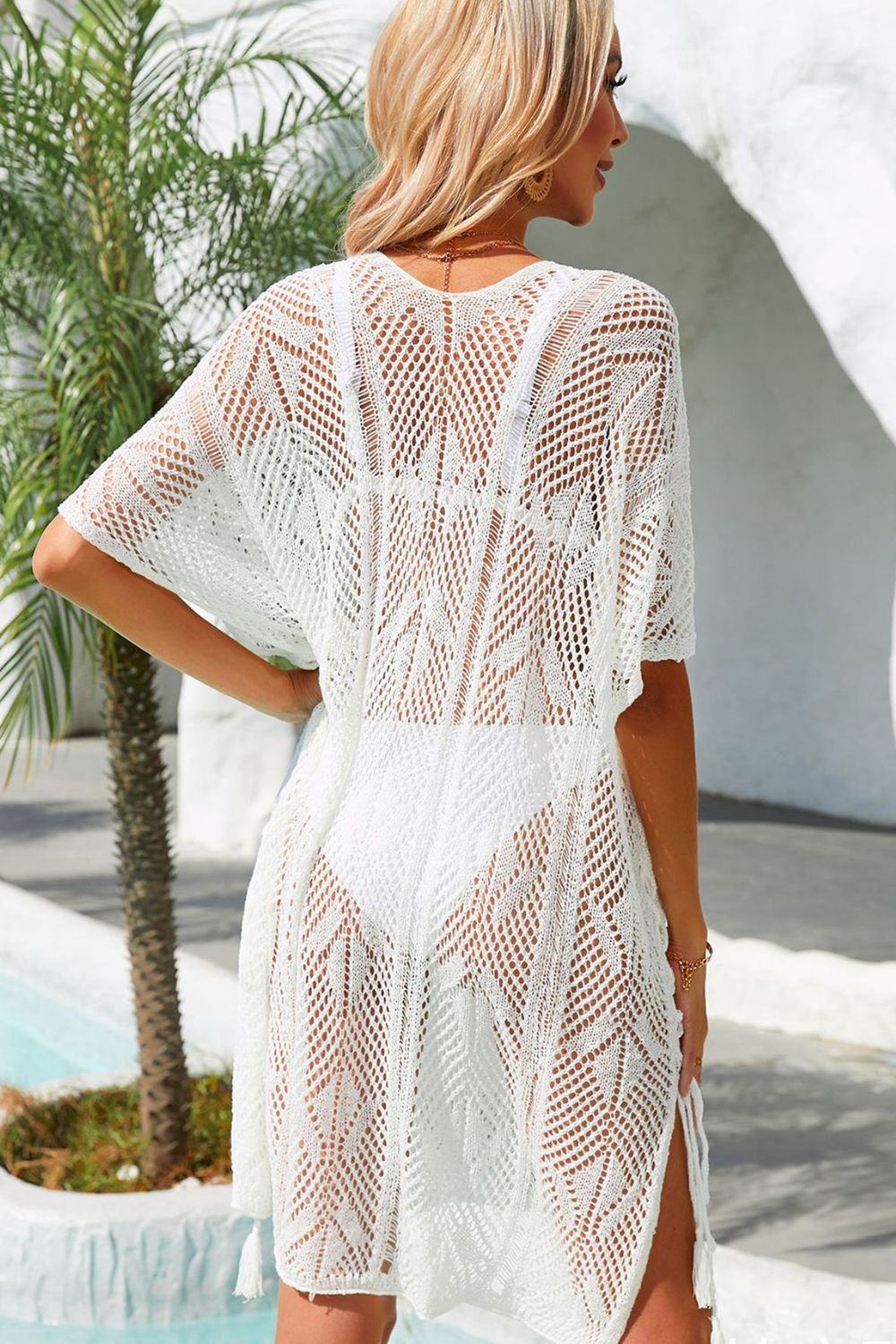 Angel Wings Side Slit Tassel Openwork Cover-Up Dress - Ladyez