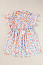 Ruffled Printed Notched Cap Sleeve Blouse