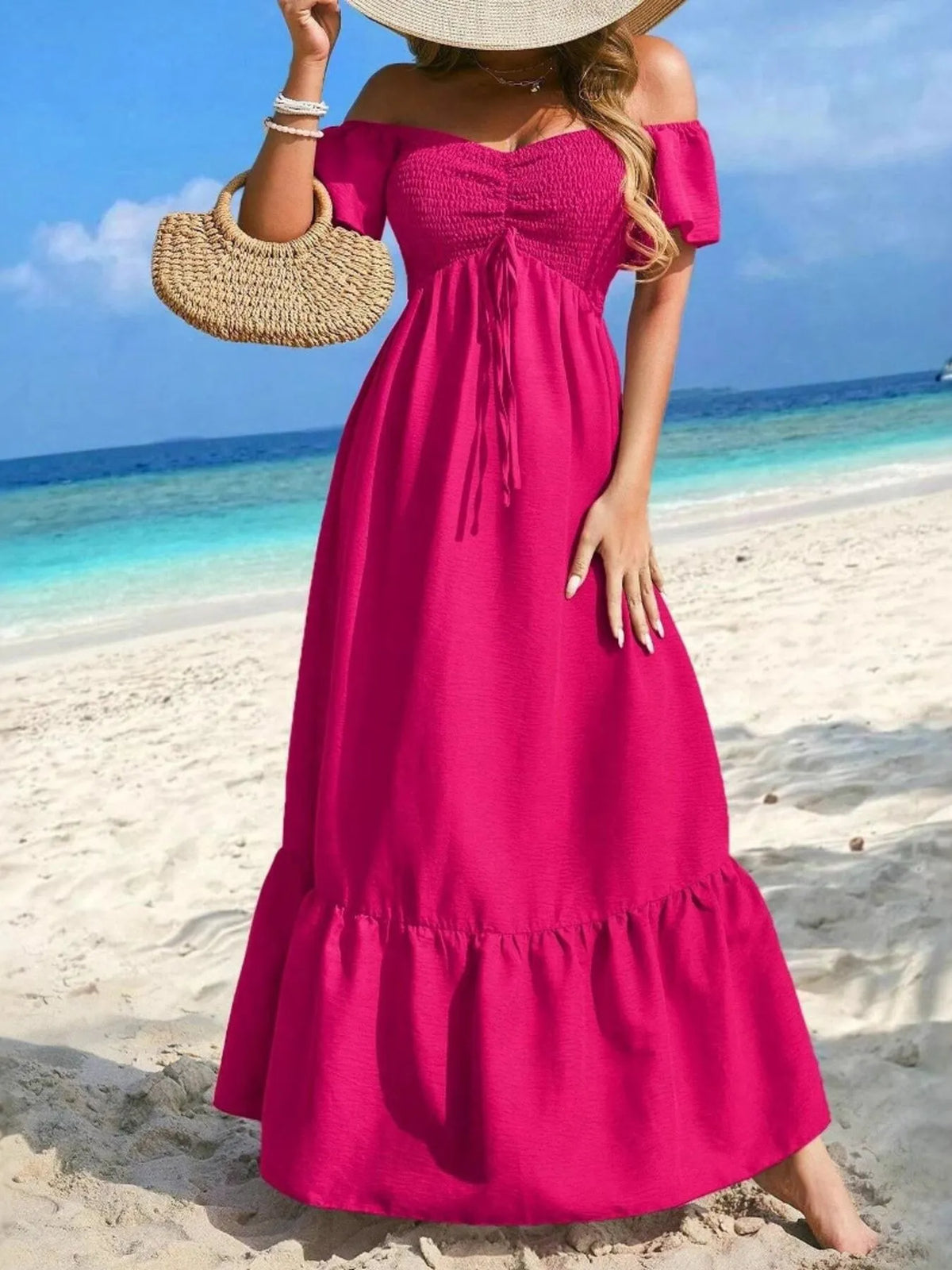 Off-Shoulder Smocked Maxi Dress with Ruffle Hem - Ladyez