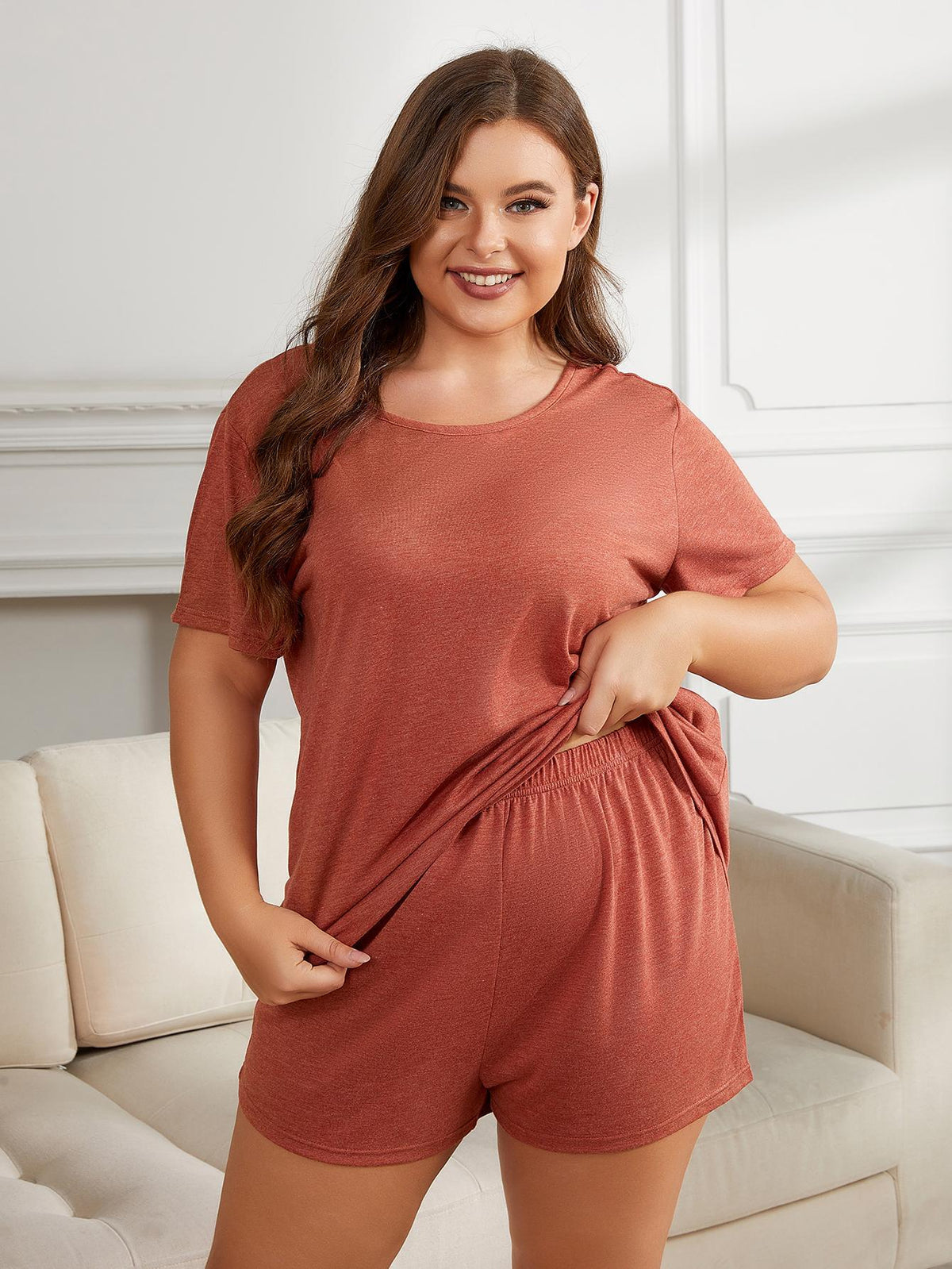 Plus Size Round Neck Short Sleeve Two-Piece Loungewear Set - Ladyez