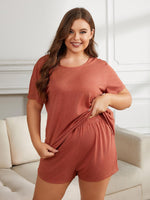 Plus Size Round Neck Short Sleeve Two-Piece Loungewear Set - Ladyez