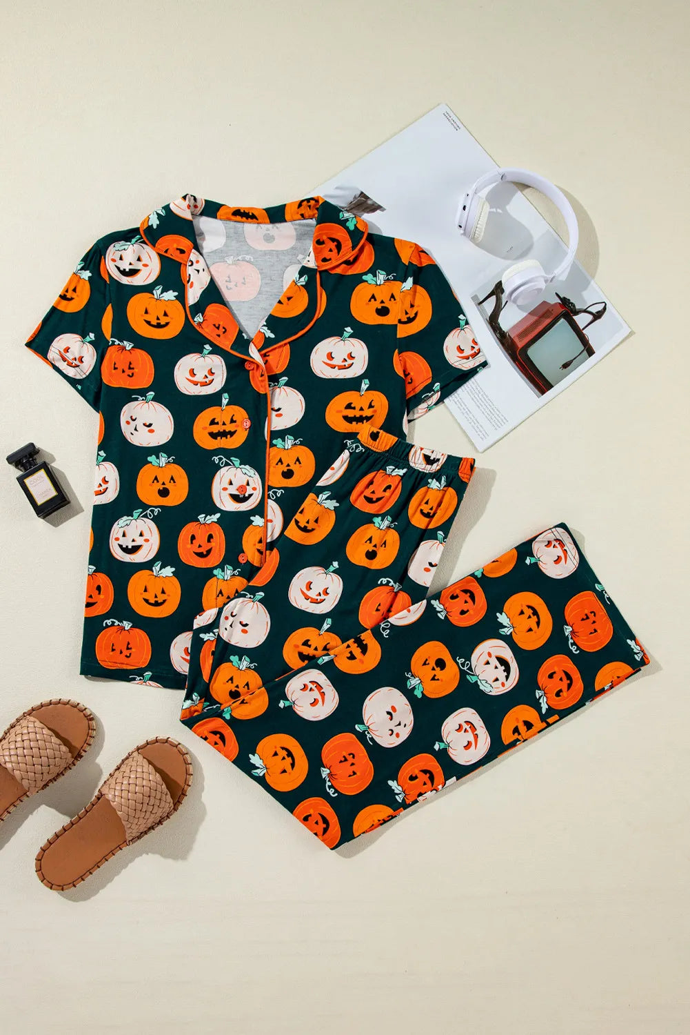 Pumpkin Printed Short Sleeve Top and Pants Lounge Set - Ladyez
