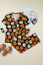 Pumpkin Printed Short Sleeve Top and Pants Lounge Set - Ladyez