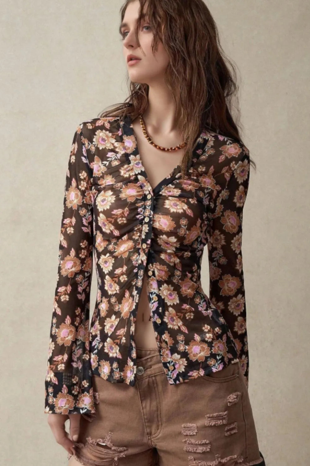 Floral Button-Front Shirt with Bell Sleeves - Ladyez