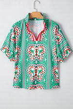 Boho Abstract Print Contrast Striped Collared V Neck Blouse