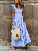 Smocked Gingham Maxi Dress with Ruffle Straps - Ladyez