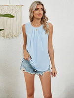 Round Neck Sleeveless Top with Pleated Front Detail - Ladyez