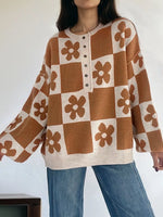 Flower Plaid Henley Baggy Sweater
