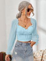 Mesh Sweetheart Neck Flounce Sleeve Top - Ladyez