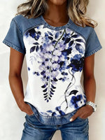 Denim Patchwork Short Sleeve Blouse