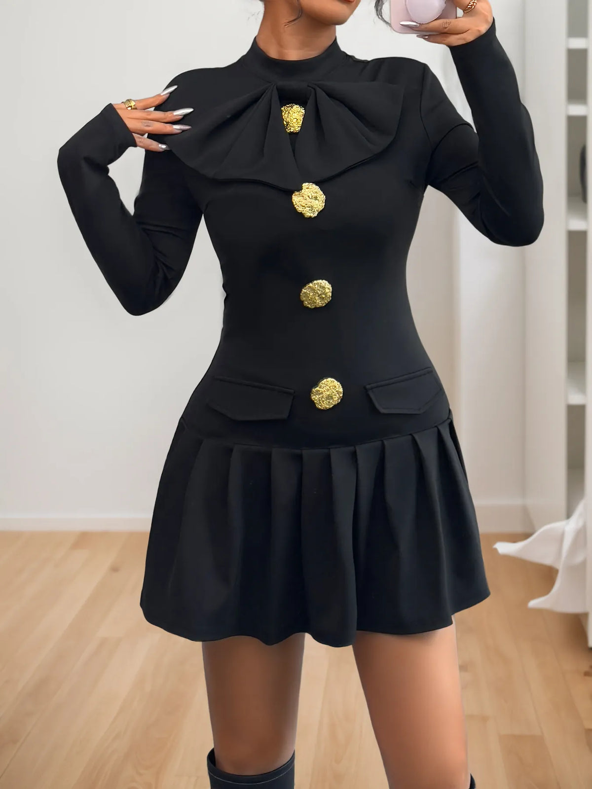 Decorative Button Mock Neck Long Sleeve Mini Dress - Ladyez