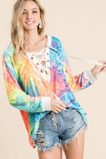 BiBi Tie Dye Deep V-neck Top With Lace Up Front