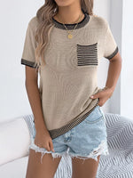 Striped Trim Short Sleeve Knit Top with Striped Chest Pocket
