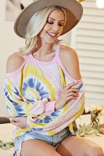 BiBi Tie Dye Print Terry Top with Cold Shoulder Detail
