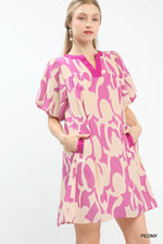 Umgee Abstract Print Puff Sleeve Shift Dress